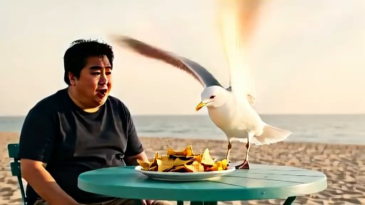 Still from the locked cut: a friend at a teal beach table reacts as a seagull lands on the nachos