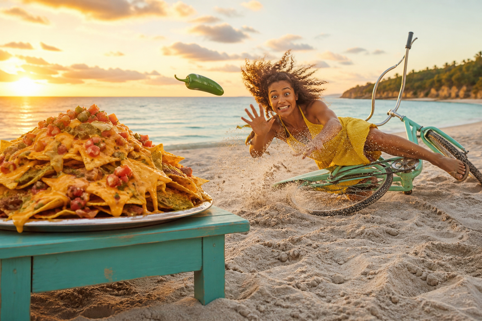Jalapeño beach-bike crash: rider in a yellow dress wipes out on a teal cruiser, pepper in the air, nacho platter still in frame