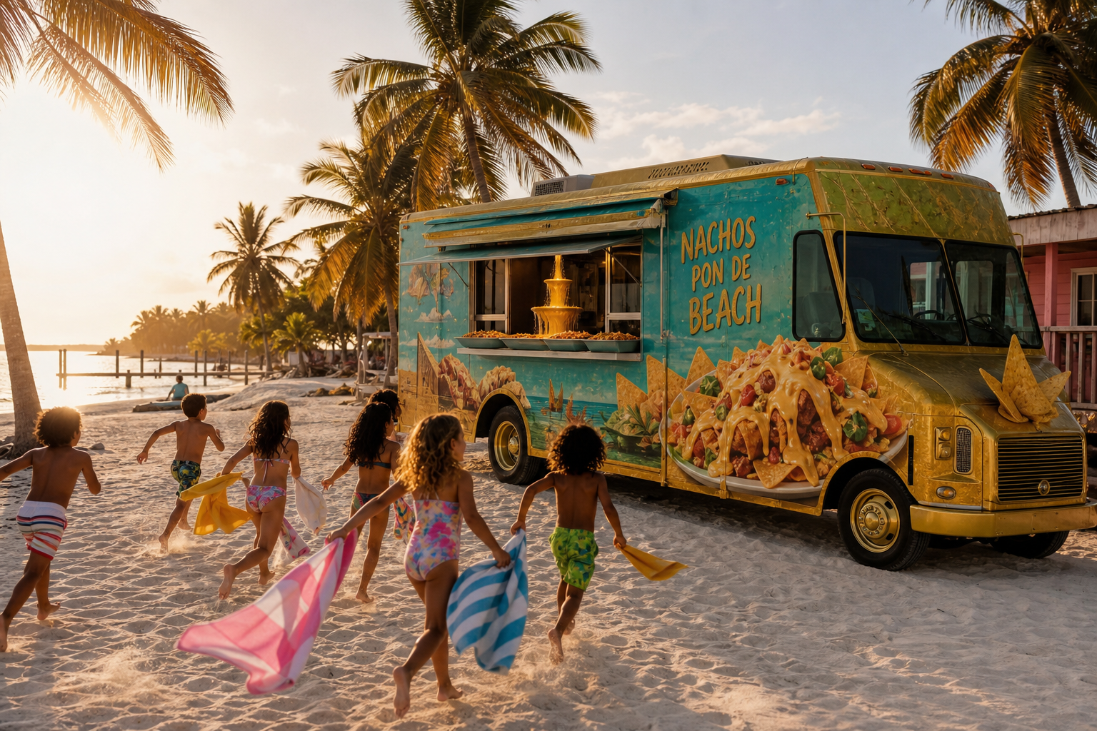Satirical Nachos Pon De Beach food truck on the sand at sunset, cheese fountain in the window, kids running toward it